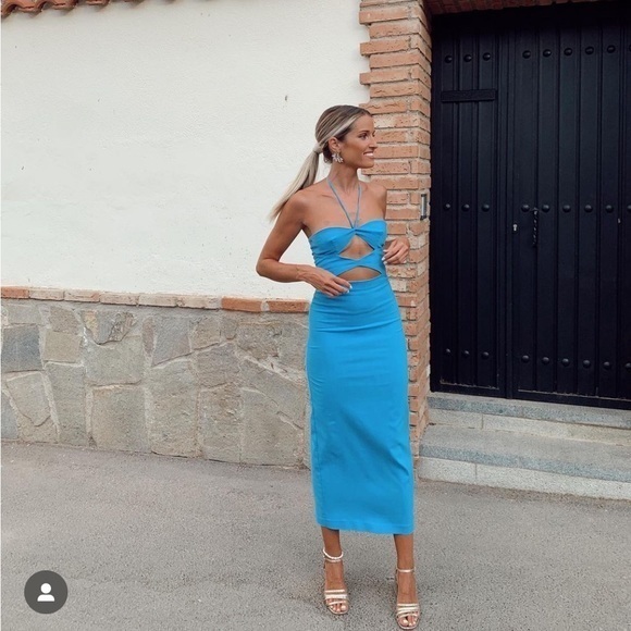 New Zara | Blue Midi Cut Out Dress - Picture 2 of 16